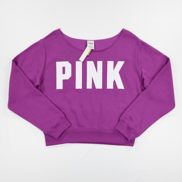 Pink Women's Raw Neck Long Sleeve Copped Fleece Pullover Sweatshirt Purple M - Picture 1 of 9